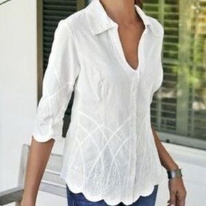 Soft Surroundings White Button Down Shirt Embroidered Trim Size L